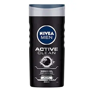 NIVEA Men Body Wash, Active Clean with Active Charcoal, Shower Gel for Body, Face & Hair, 250 ml