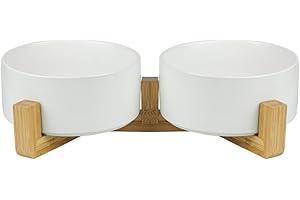 HCHLQLZ Blanc Pet Gamelles pour Chien et Chat Gamelles Chien Chat Céramique Support Bambou -Va au Lave-Vaisselle et Facile à Nettoyer (2 Bol)