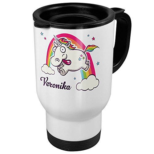 Thermobecher weiß mit Namen Veronika - Motiv Verrücktes Einhorn - Coffee To Go Becher, Thermo-Tasse