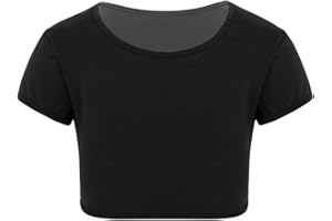 FEESHOW Enfant Fille Hauts de Danse Fitness Tops Court à Manche Courte T-Shirt Crop Top Col Rond Haut Casual Eté Coton Confortable Blouse Sport Danse Couleur Unie Quotidien