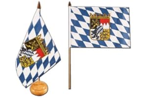 Flaggenfritze® Bavaria Table Flag with Crest with Lacquered Wooden Base