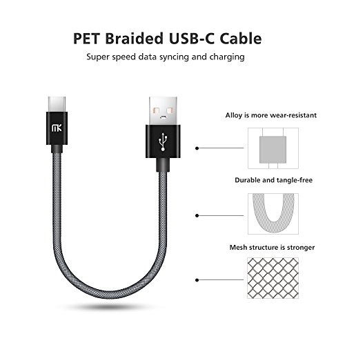 USB Typ C Kabel, MK PET Geflochtene Tangle-Free Hohe Geschwindigkeit USB-C auf USB-A Datenkabel Ladekabel für Neuen MacBook, ChromeBook Pixel, Nexus 6P / 5X und Andere Geräte mit Typ-C Steckverbinder (0.66ft / 0.2m, Schwarz) - 3