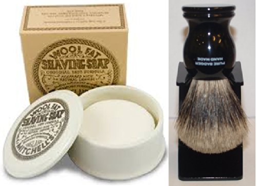 Mitchell's Wool Fat Shaving Soap and Ceramic Bowl (120g) And Black 100% Pure Badger Shaving Brush