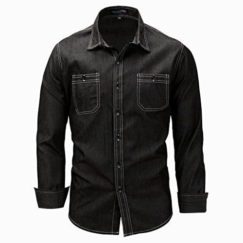 Mens Casual Denim Shirt Stylish Slim Fit Long Sleeve Turn