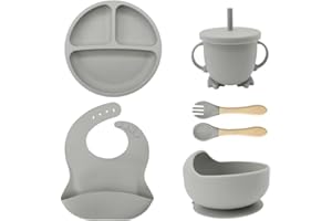Eliano Safe & Non-Slip Silicone Baby Crockery Set - 6 Pieces | Perfect for Introduction & Independent Learning to Eat | Microwave and Dishwasher Safe (Grey)