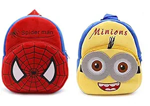 Blue Tree Kids School Bag Soft Plush Backpack Cartoon Bags Combo Mini Travel Bag for for Girls Boys Toddler Baby (Spiderman & Minion)