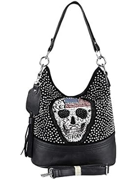 OBC Damen TOTENKOPF SKULLS TASCHE Strasssteine & Sonnenbrille Glitzer Bowling Handtasche Shopper XL Beuteltasche...