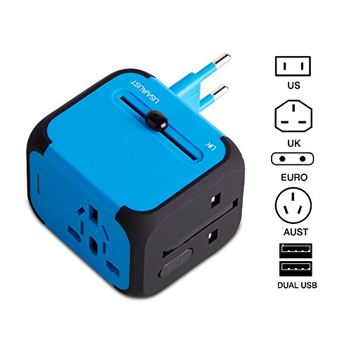 Milool universellen Reise-Adapter mit Doppel USB-Ports aus 150 Ländern weltweit US UK EU AU Universal fusionierten Sicherheit AC-in einem Ladegerät(Blau) - 4