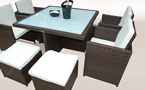 Gartenmöbel PolyRattan Essgruppe Tisch mit 4 x Stuhl & 4 Hocker DEUTSCHE MARKE -- EIGNENE PRODUKTION Garten Möbel incl. Glas und Sitzkissen Ragnarök Möbeldesign braun Rattan