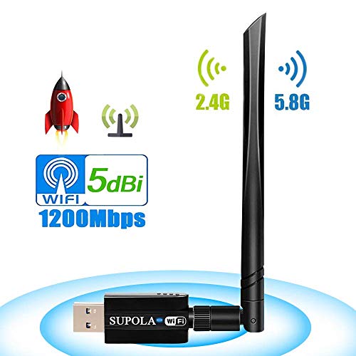 SUPOLA USB WiFi Adaptador 1200Mbps, Antena WiFi 2.4GHz/5.8GHz Dual Band USB 3.0, Adaptador Inalámbrico con Antenas Externas 5dBi para PC Desktop, Soporte Windows 10/8/8.1/7/Vista/XP/MacOSX10.5-10.14