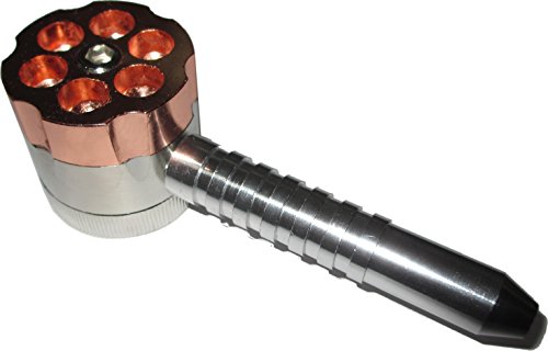 Hit-Pfeife mit 6er Trommel-Revolver-Magazin und integriertem Grinder, schwere Metallausführung, inkl. Hanfblatt-Anhänger