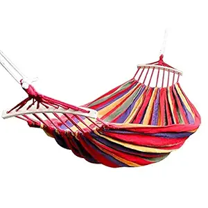 Satisfyshop Portable Canvas Striped Foldable Hammock Hang Swing with Hardwood Spreader Bar for Two Person, Travel Hammocks Swing Ultralight Camping Hammock Portable Beach Swing Bed & Outdoor Activities (Multicolour, Wooden)