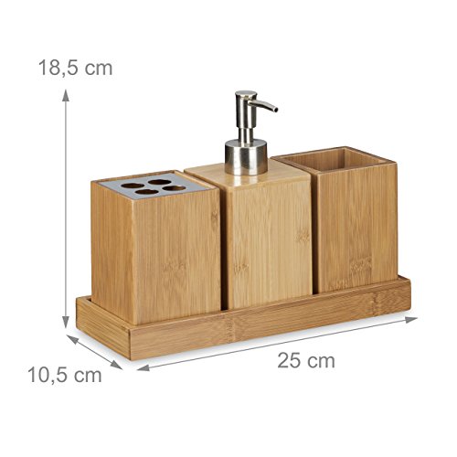 Relaxdays Bad-Accessoires-Set 4-teilig, Bambus, Zahnbürstenhalter, Seifenspender, Seifenablage, Behälter,natur - 2