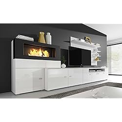 Home Innovation - Ensemble de Meubles - Ensemble de séjour Contemporain avec Cheminée au Bio-éthanol. Blanc Laqué et Blanc Mate, Dimensions : 290x170x45 cm de Profondeur.