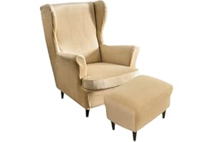 Highdi 2 Pezzi Velluto Copripoltrona con Orecchie e Copri Pouf Elasticizzato, Copridivano da 1 Posto con Fodera per Cuscino, Lavabile Rimovibile per Bar Soggiorno Camera da Letto (Color Crema)