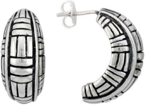 Sterling Silver Half Hoop Bali Style Post Earrings, w/ Vertical & Horizontal Line Pattern, 3/4" (19mm) tall