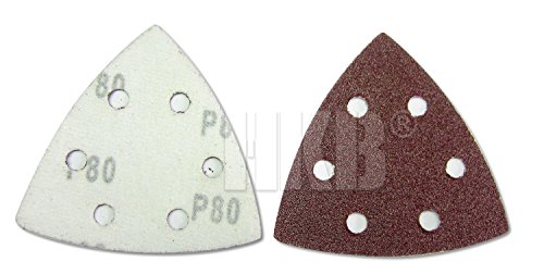 120 Stück HKB ® Schleifdreiecke, 93x93x93mm mit Klett-Verbindung, 6-Loch für Delta-Schleifer, je 24 Stück Korn 40,60,80,120,180, Schleifmittel Korund, Hochwerige Profi-Qualität für verschiedene Oberflächen, feiner und riefenfreier Schliff, für detailgenaues Schleifen in Ecken und an Kanten, universell einsetzbar, Artikel-Nr. 20271 - 4