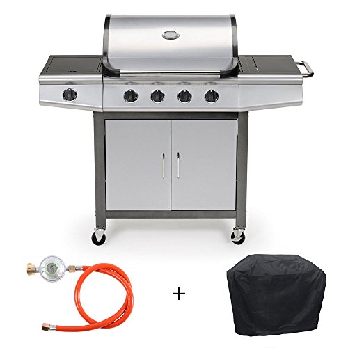 TAINO® Gasgrill BBQ Grillwagen 4 Edelstahl-Brenner 1 Seitenkocher Gas-Grill TÜV Farbe Schwarz oder Silber / Anthrazit (4+1) (Silber + Set)