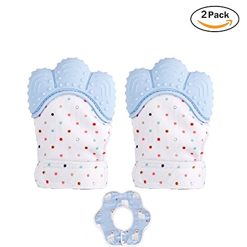 Bebé Silicona Mordedor Manoplas sin BPA Incluye 2 Piezas de Guantes de Dentición Juguete y 1 Baberos para Bebés para Aliviar la Dentición en Recién Nacidos, Adecuados para Niños de 3 a 12 Meses (azul)
