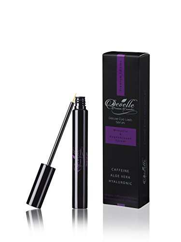 Wimpernserum & Augenbrauenserum 4 ml. mit Koffein • Aloe Vera • Hyaluron | Ohne Prostaglandine | Wimpern Booster | Wachstum und Volumen | Deluxe Eyelash Wimpernwachstumsserun von Develle Premium Cosmetics | Lange Wimpern mit dem Wimpern Booster