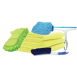 Niklace Car Cleaning Kit | Interior and Exterior Car Cleaning Accessories | Includes 3 Microfiber Cloth Towel, Carpet Brush, Washing Scrub Sponge, Glass Wiper, Microfiber Gloves | 5 in 1 Combo Pack