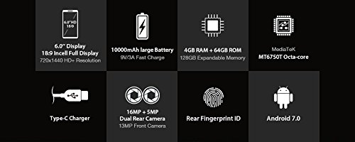 HOMTOM HT70 - Smartphone Android 7.0 4G da 6.0 pollici (rapporto 18: 9), batteria da 10000 mAh Â  ricarica rapida, Octa Core da 1,5 GHz 4 GB + 64 GB, fotocamera tripla, OTG tipo-C - Argento