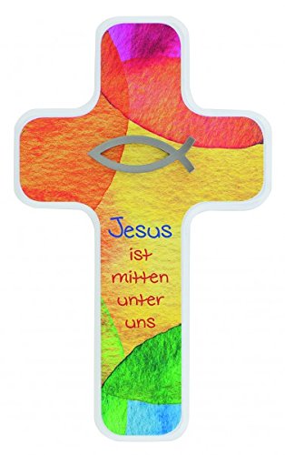 Kinderkreuz Jesus ist mitten unter uns, aus Holz mit Edelstahlelement Fisch, ...