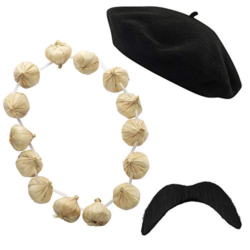 Preisvergleich Produktbild PAPER UMBRELLA 3 Stück Französisch Kostüm Barett+Knoblauch+Schnurrbart - Schwarz