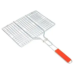 FEELING MALL Stainless Steel Grill Pan with Wooden Handle Mini Barbecue Roti Roast Grill Papad Roaster Chapati Toast and Paneer Tandoori Grill Stand