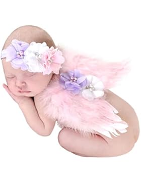 Amcool Baby Neugeborene Engel Feder Flügel Perle Haarband Satz Fotografie Requisiten Rosa 0-6 Monate