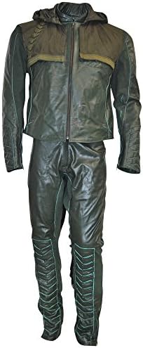 Coolhides Men's Arrow Olive Green Hoodie Motorbike Suit High Quality Cow Green X-Large