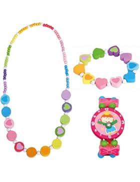 3 tlg. Set Mädchenschmuck Motiv Regenbogen - Halskette Armband (Regenbogen Herz) und Holzuhr - VERSANDKOSTENFREI...
