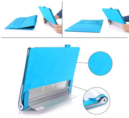 [Ecke Schutz] Lenovo Yoga Tablet 10 Zoll Hülle Tasche, Fyy hochwertige umweltfreundliche KunstlederHülle (Tasche Schutzhülle Case Cover Etui) mit Standfunktion/Aufsteller mit Fach für Kreditkarten elastische Handschlaufe Stift-Haltung (mit automatischer Schlaf/ Weck-Funktion) Blau für Lenovo Yoga Tablet 2 10 Zoll - 5