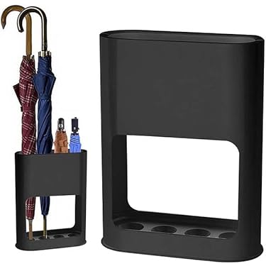 Zwart metalen paraplustandaard met lekbak 2 haken ruimtebesparend rechthoekig ontwerp voor deuropening, veranda gang decoratieve en lekvrije houder voor stokken Zwart metalen paraplustandaard met lekbak 2 haken ruimtebesparend rechthoekig ontwerp voor deuropening, veranda gang decoratieve en lekvrije houder voor stokken