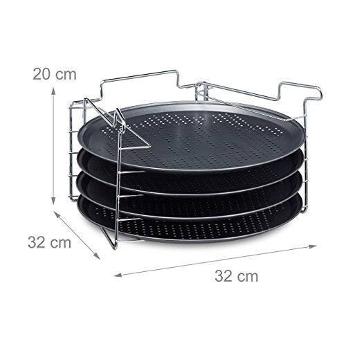 Relaxdays Pizzablech im 4er Set HBT: 20 x 32 x 32 cm Pizzabäcker-Set mit 4 Backblechen und Ständer als Pizza-Backblech und Flammkuchen Blech rundes Pizzabackblech mit Antihaftbeschichtung, anthrazit - 4