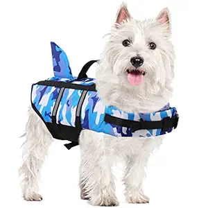 AOFITEE Dog Life Jacket Safety Pet Life Vest, Reflective Adjustable Dogs Lifesaver Preserver with Rescue Handle and Shark Fin, Camouflage Dog Swimsuit for Swimming, Boating, Surfing, Hunting