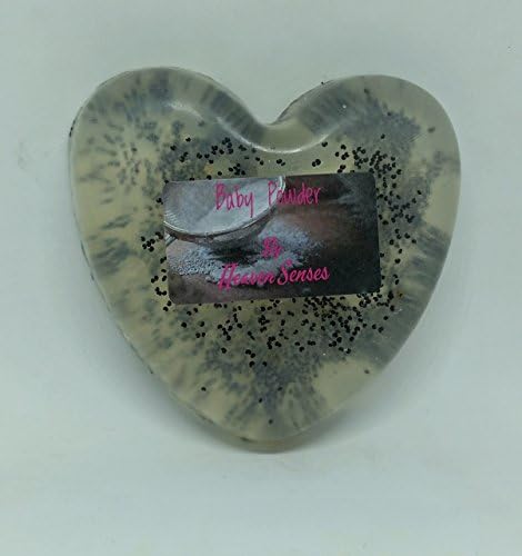 Handmade, Baby powder scented, Heart-Shaped, Skin beneficial, Natural soap bar, Extra gentle, Poppy seed scrub, Lather soap, Gift for new mother, by Heaven Senses, 110 grams