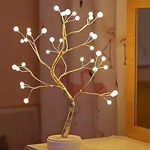 Whixant Tabletop Bonsai Tree Light with 36 Pearls LED,Artificial Lamp Tree Fairy Light Spirit Tree USB/Battery Operated Tree Lamp Decoration for Desktop Christmas Party Night Light Pearl (Pink Colour)