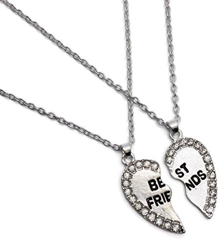 BEST FRIENDS Necklaces - Silver Plated with Crystals - 2 Broken Heart Pieces Necklaces for BFFs - Chain Length 18"