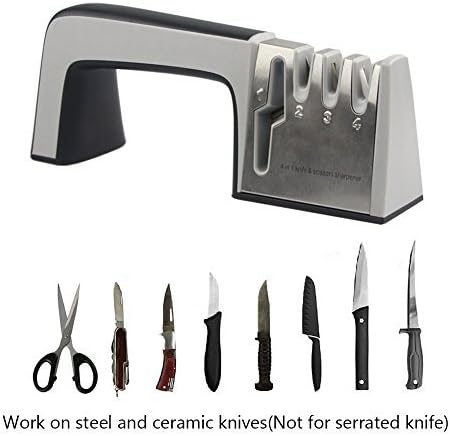 Kitchen Knife Sharpener and Scissors Sharpener, Portable 4 Stages Knives Sharpening System, Easy to Use for All sized Household Knives, Non-slip Base with Ergonomic and Stylish Design (Black)