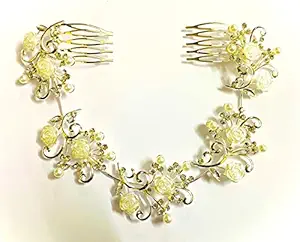 Naira Silver Plated 15 Inches Tiara Comb Indo Western Fancy Hair Clip/Side Pin/Comb Pin/Jooda Pin Hair Accessories with Diamond Pearl for Women and Girls
