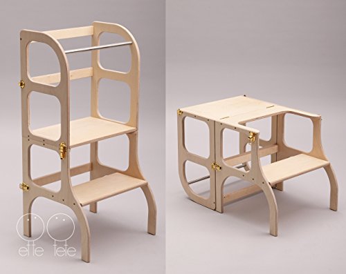 Torre di apprendimento, Montessori furniture Learning tower - table, chair Step'n'Sit, toddler Kitchen helper Step stool - WOODEN color/GOLD clasps