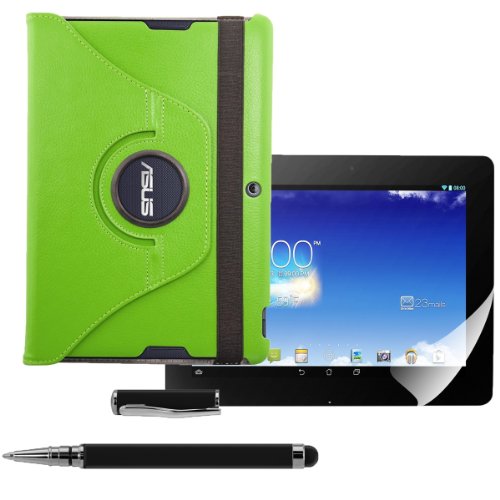 3in1 Set: kwmobile Hülle für Asus Memo Pad FHD 10 ME302C – 360° Standfunktion Case Tablet Schutzhülle Kunstleder – Smart Cover Tabletcase Grün + Folie, kristallklar + Stylus, Schwarz - 5