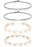 Conjunto de collar de gargantilla de cuentas: incluye 1 pieza de collar de perlas de 3 perlas artificial, 1 pieza de collar de perla de perla única artificial, 1 pieza de collar de intervalo de fase de perla de concha en cuerda de cera negra y 1 pieza de collar de intervalo de fase de perla de concha en cuerda de cera blanca