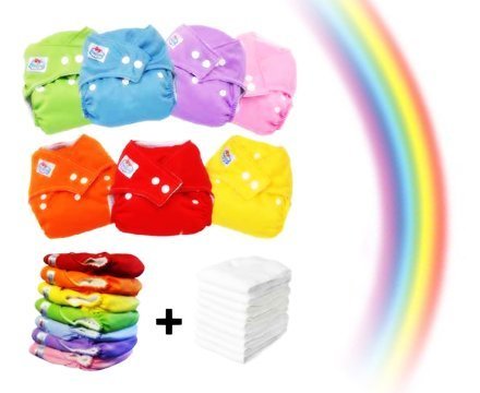 7x Adjustable, Colorful and Washable Baby Nappies + 7 Inserts / One size design: S M L all in one size