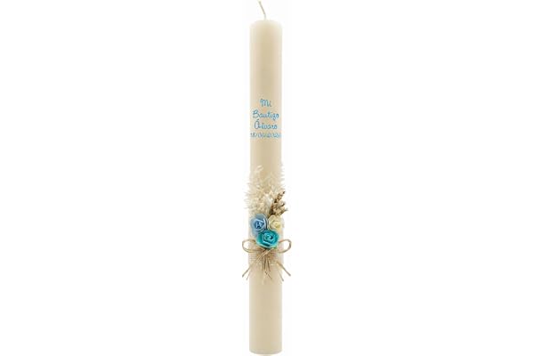 Vela/Cirio de Bautizo de Cera Beig, Pick Floral RUSTICO AZUL | Decorada con Pick Floral Rústico, colores azulados