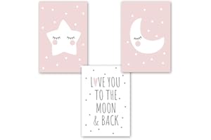 YOUIHOM 3 Póster Lienzo Dormitorio 30 x 40cm Cuadros Infantiles para Habitación Niña Luna Estrella Rosa Láminas Decorativas para Enmarcar Bebe Love You to the Moon and Back Art Regalos Ninas sin Marco