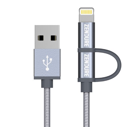 Preisvergleich Produktbild Zendure 2 in 1 Nylon geflochten USB Lightning Kabel, 30cm Micro USB 2.0 Ladekabel Datenkabel kompatibel für iPhone XS / XR / 8 / 8 Plus / 7 Plus und Samsung Galaxy, Huawei und Android Smartphones-Grau