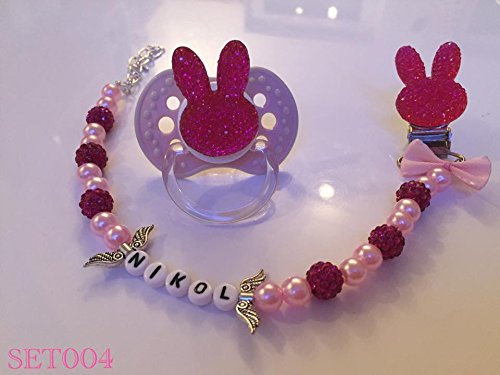 Diamond Bling Rhinestone Luxury Dummy and Dummy Chain with Name Birthday, Special Gift, Birth Gift, Christening or Christmas Gift For Baby, Children, Adults, Storwei with Dummy with Ring Set