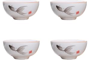 Liang baobao Set di 4 tazze da degustazione del tè cinese, in porcellana bianca, da 56,7 g, per cerimonia del tè Gongfu, motivo pesce